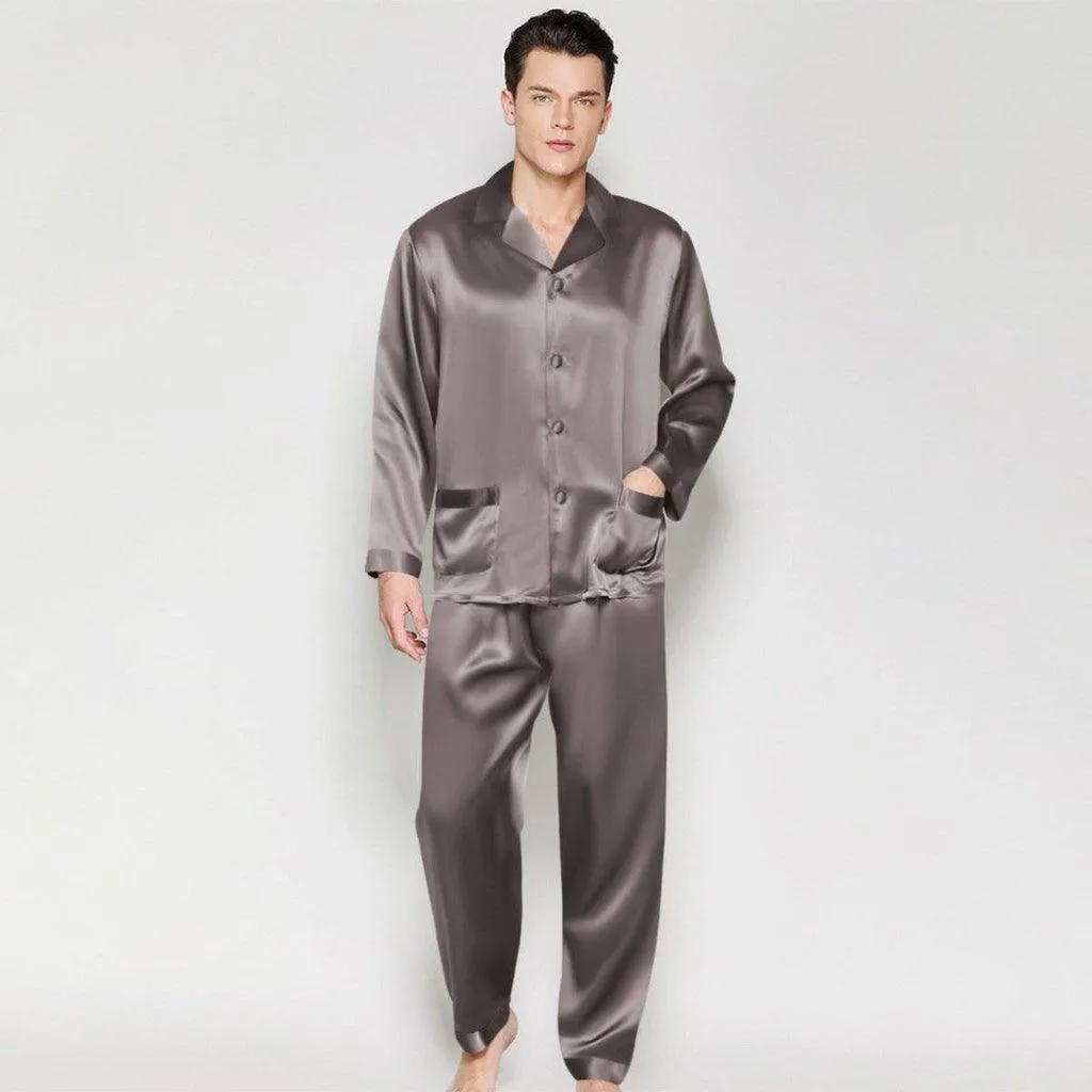 Mens Long Sleeves Silk Pyjamas Set 100% Mulberry Silk Two Piece Solid Nightwear Sleepwear