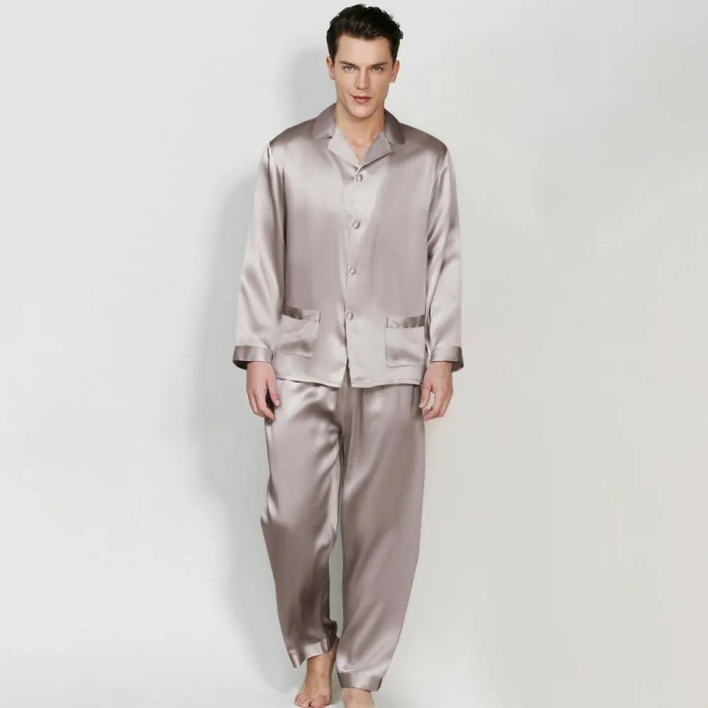 Mens Long Sleeves Silk Pyjamas Set 100% Mulberry Silk Two Piece Solid Nightwear Sleepwear