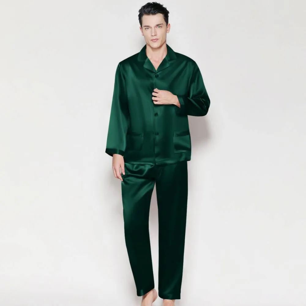 Mens Long Sleeves Silk Pyjamas Set 100% Mulberry Silk Two Piece Solid Nightwear Sleepwear