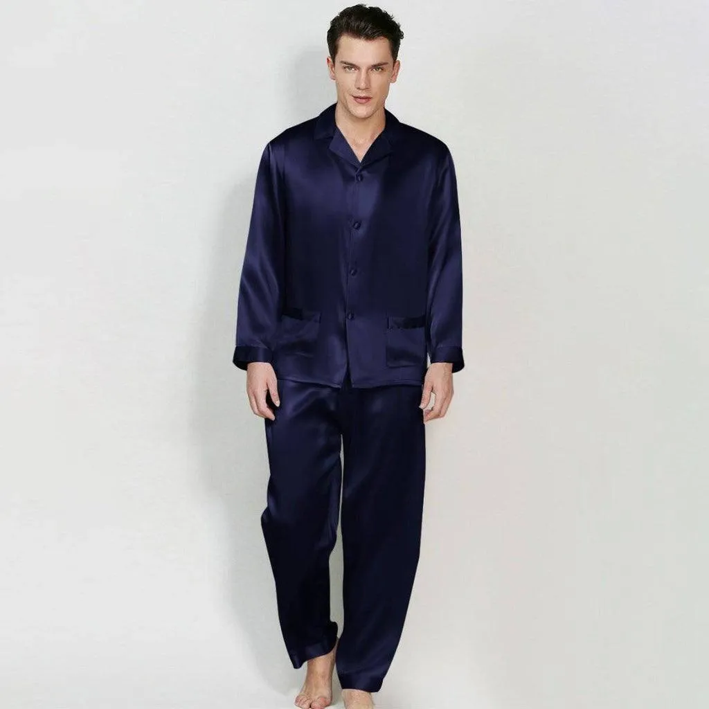 Mens Long Sleeves Silk Pyjamas Set 100% Mulberry Silk Two Piece Solid Nightwear Sleepwear