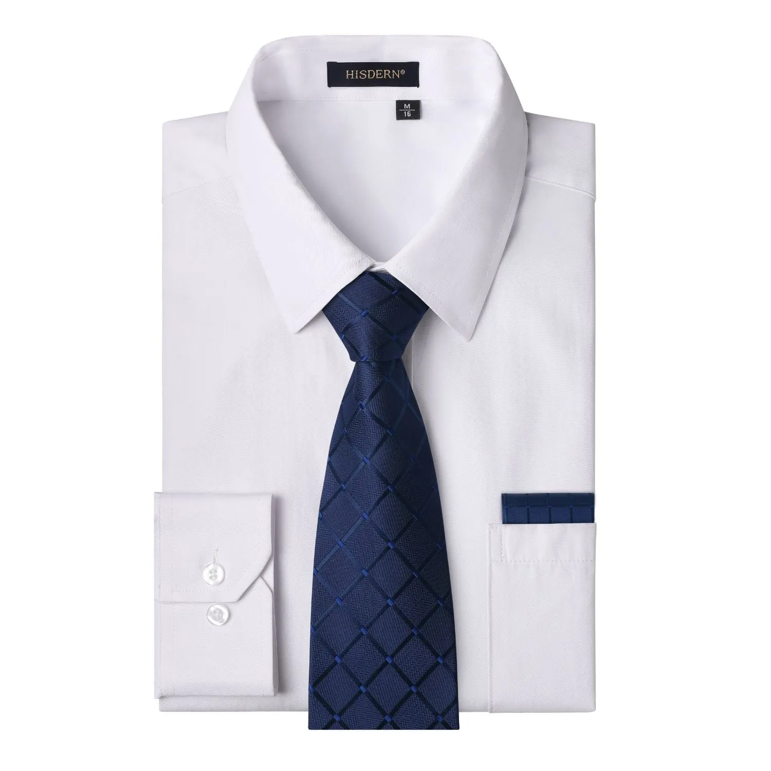 Men's Shirt with Tie Handkerchief Set - 02-WHITE/NAVY