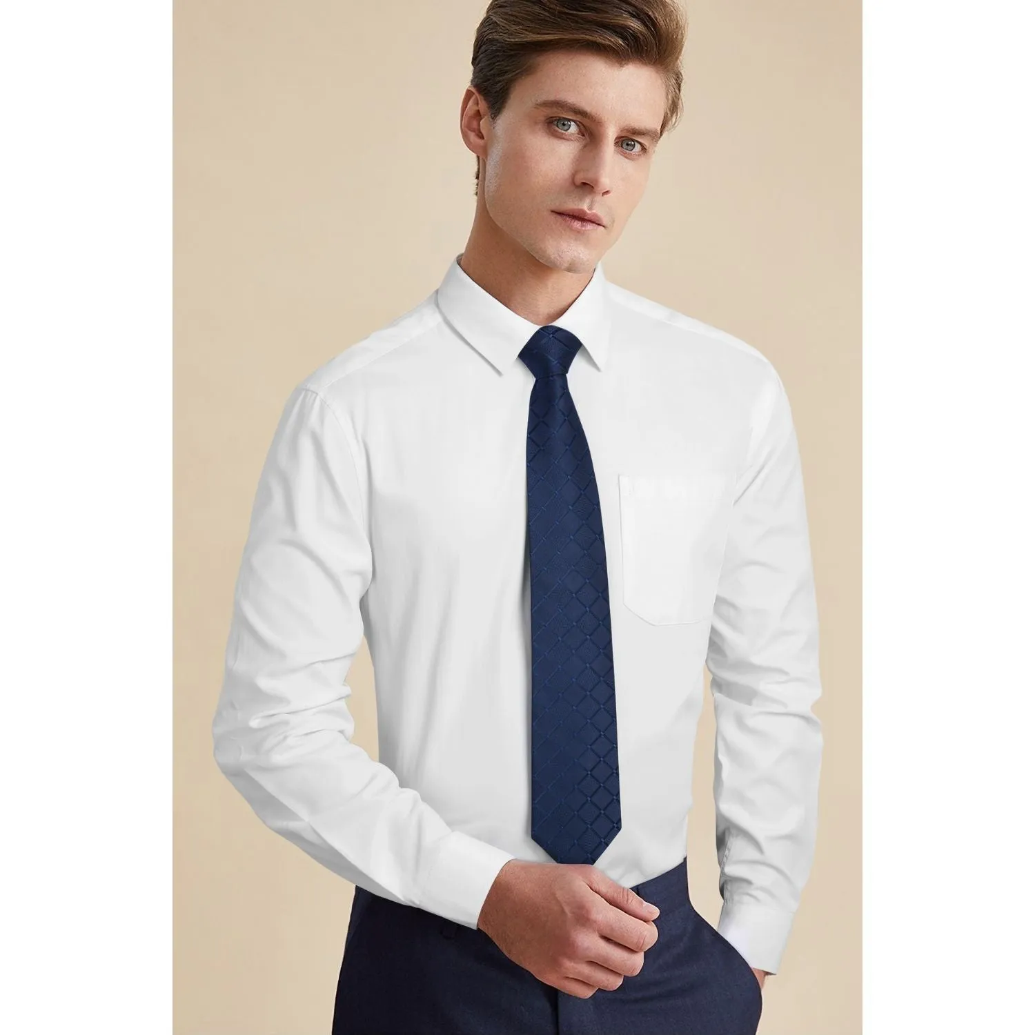 Men's Shirt with Tie Handkerchief Set - 02-WHITE/NAVY