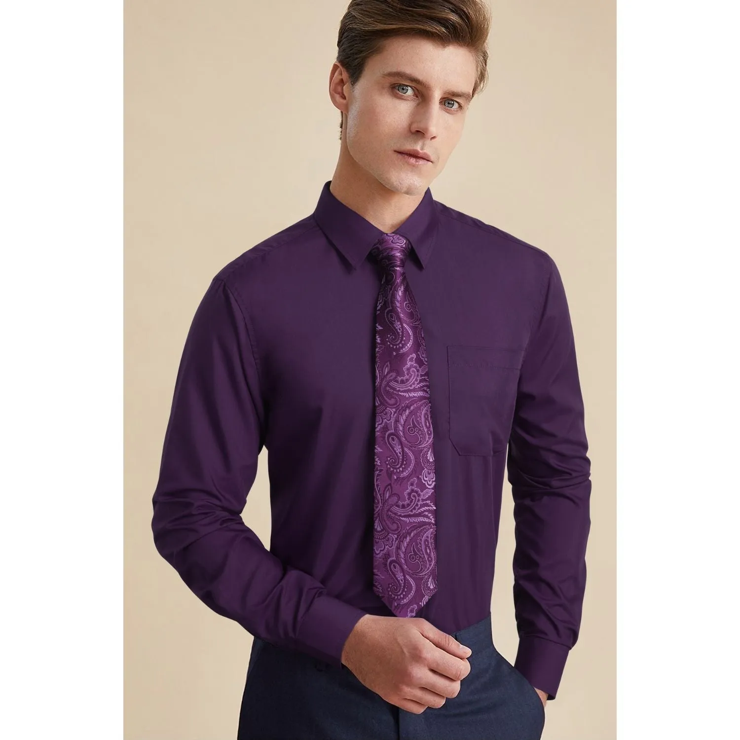 Men's Shirt with Tie Handkerchief Set - 09-PURPLE