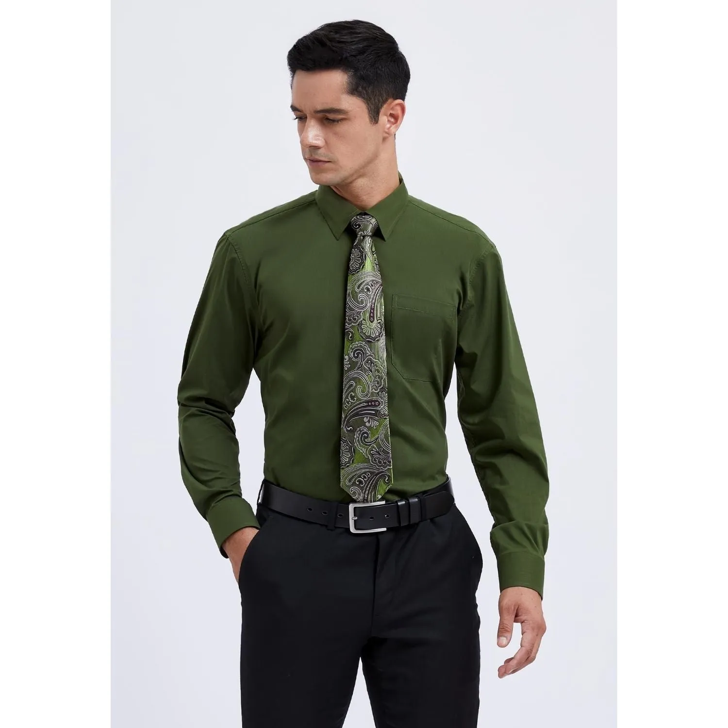 Men's Shirt with Tie Handkerchief Set - GREEN ARMY