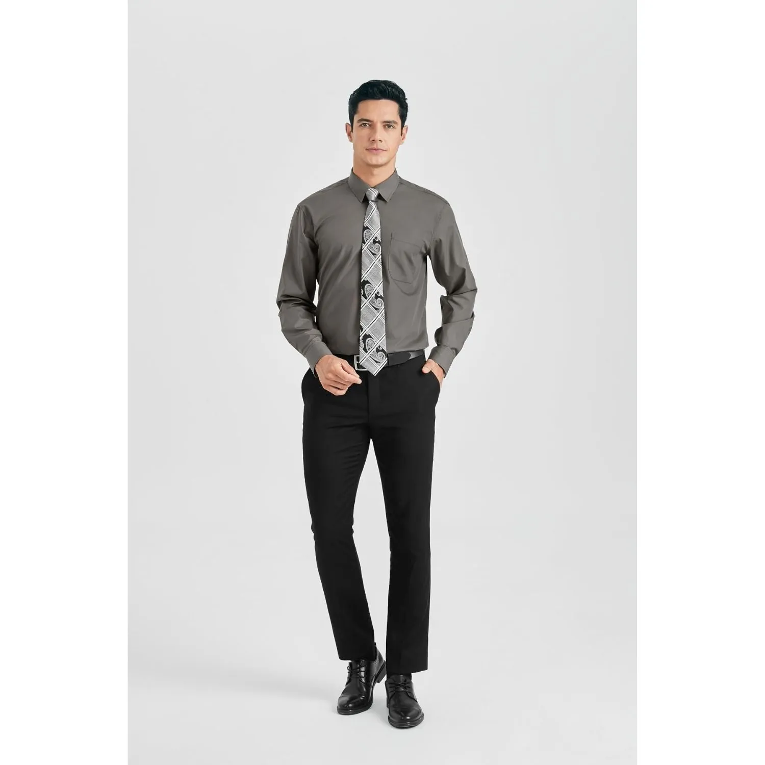 Men's Shirt with Tie Handkerchief Set - GREY