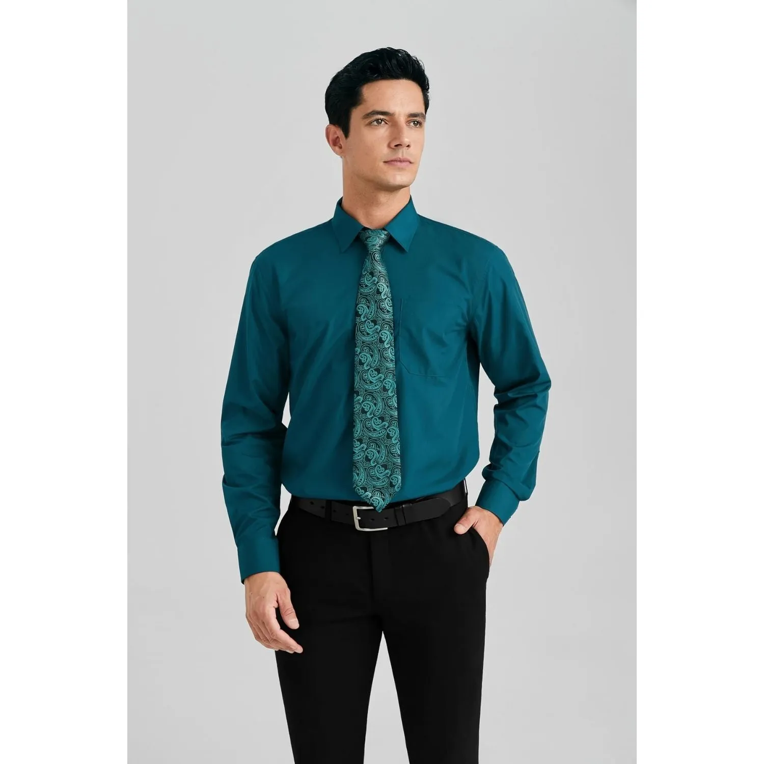 Men's Shirt with Tie Handkerchief Set - TEAL/PAISLEY