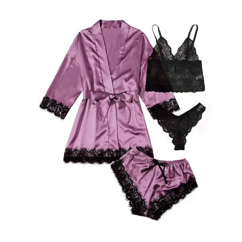 NANTEX OEM Nightwear Robe Femme Silk Pyjama Satin Sleepwear Women 4 Pieces Lace Pajamas Sexy Lingerie Set