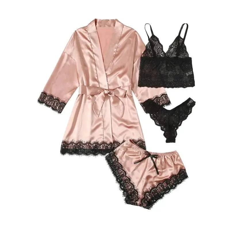 NANTEX OEM Nightwear Robe Femme Silk Pyjama Satin Sleepwear Women 4 Pieces Lace Pajamas Sexy Lingerie Set