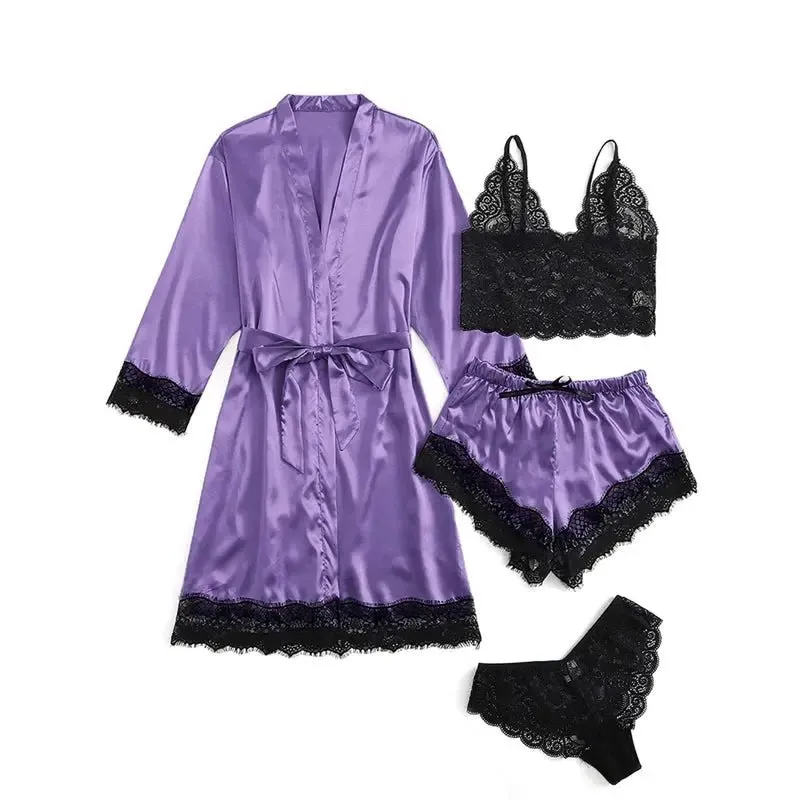 NANTEX OEM Nightwear Robe Femme Silk Pyjama Satin Sleepwear Women 4 Pieces Lace Pajamas Sexy Lingerie Set