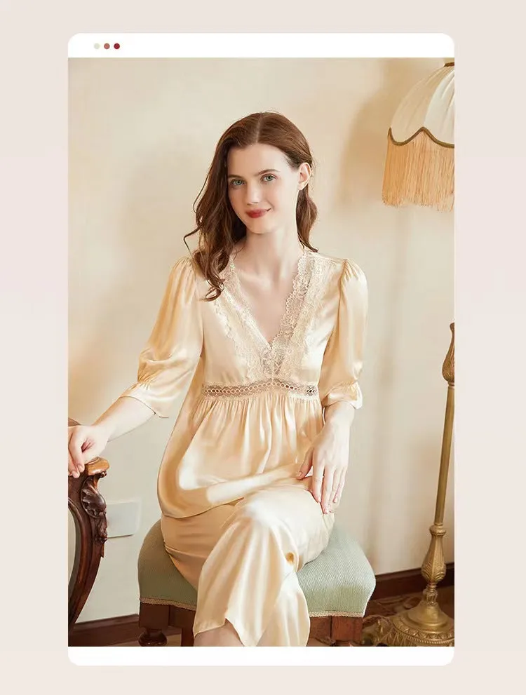 New Arrival|Spring and summer lace pajamas，Women's luxury style fashion pajamas set，elbow sleeve lace-mulberry silk，V-neck.