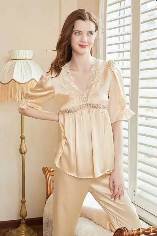 New Arrival|Spring and summer lace pajamas，Women's luxury style fashion pajamas set，elbow sleeve lace-mulberry silk，V-neck.