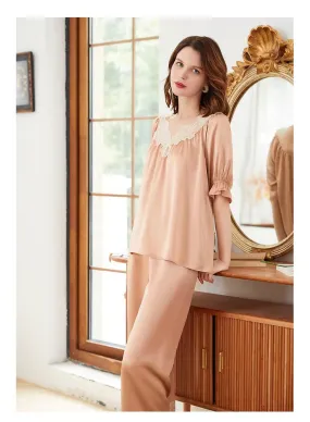 New Arrival|Spring and summer lace pajamas，Women's luxury style fashion pajamas set，elbow sleeve lace-mulberry silk，V-neck.