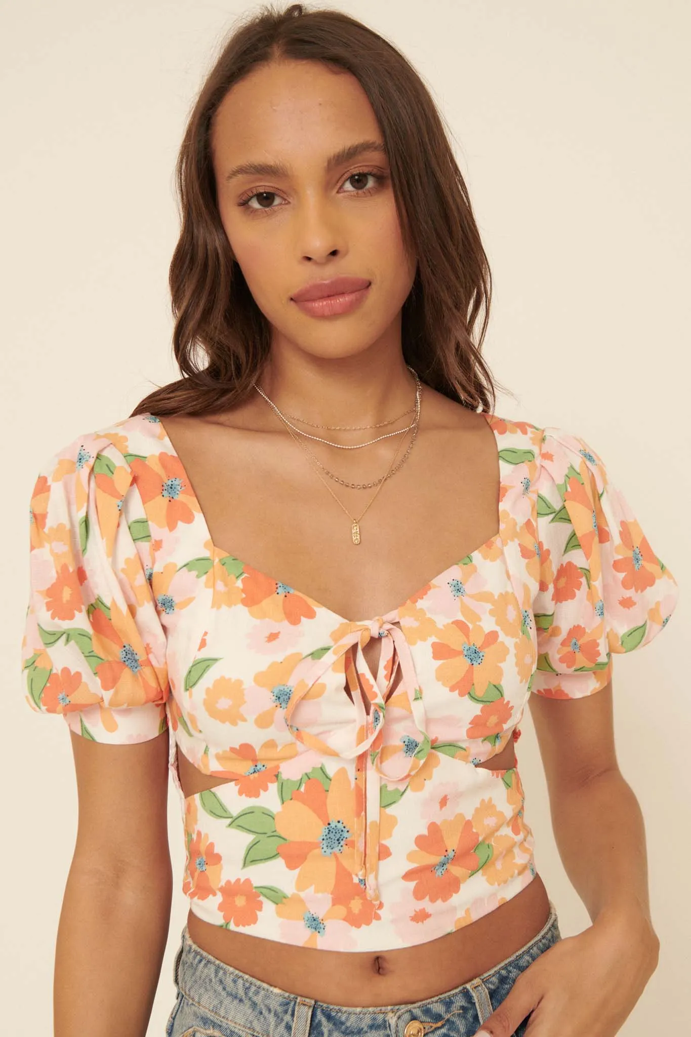 New Dawn Floral Puff-Sleeve Cutout Crop Top