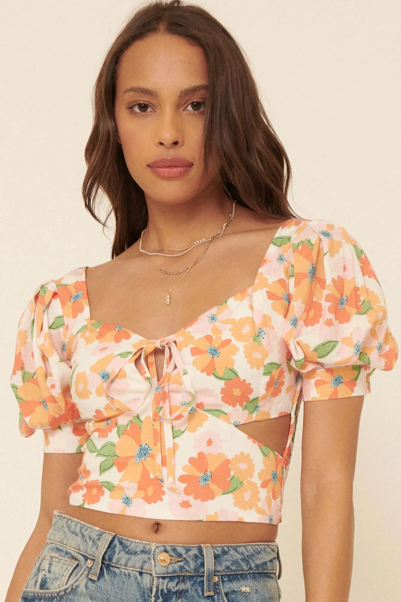 New Dawn Floral Puff-Sleeve Cutout Crop Top