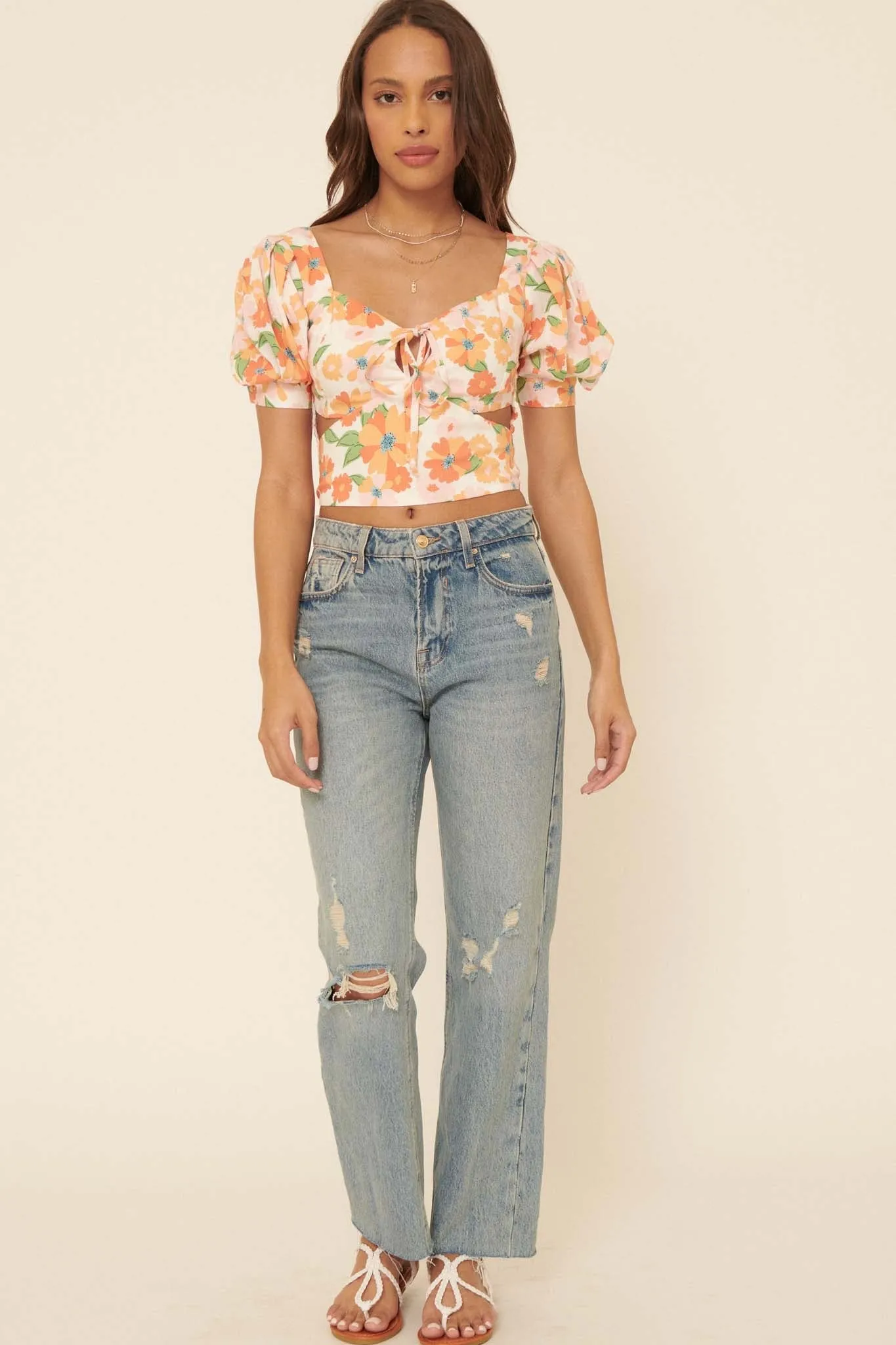 New Dawn Floral Puff-Sleeve Cutout Crop Top