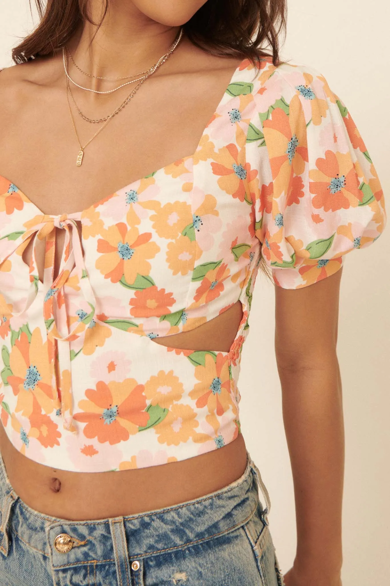 New Dawn Floral Puff-Sleeve Cutout Crop Top