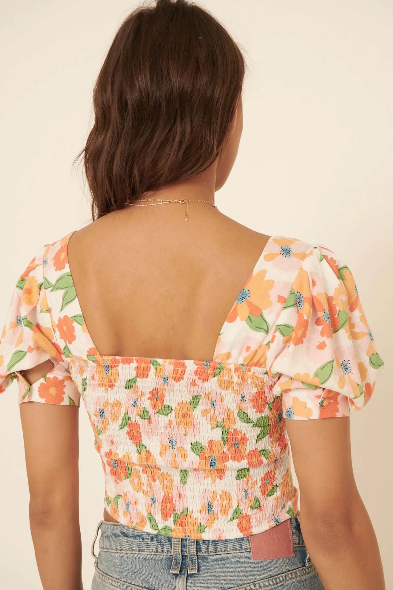 New Dawn Floral Puff-Sleeve Cutout Crop Top