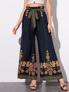 Paperbag Waist Floral Embroidery Wide Leg Pants