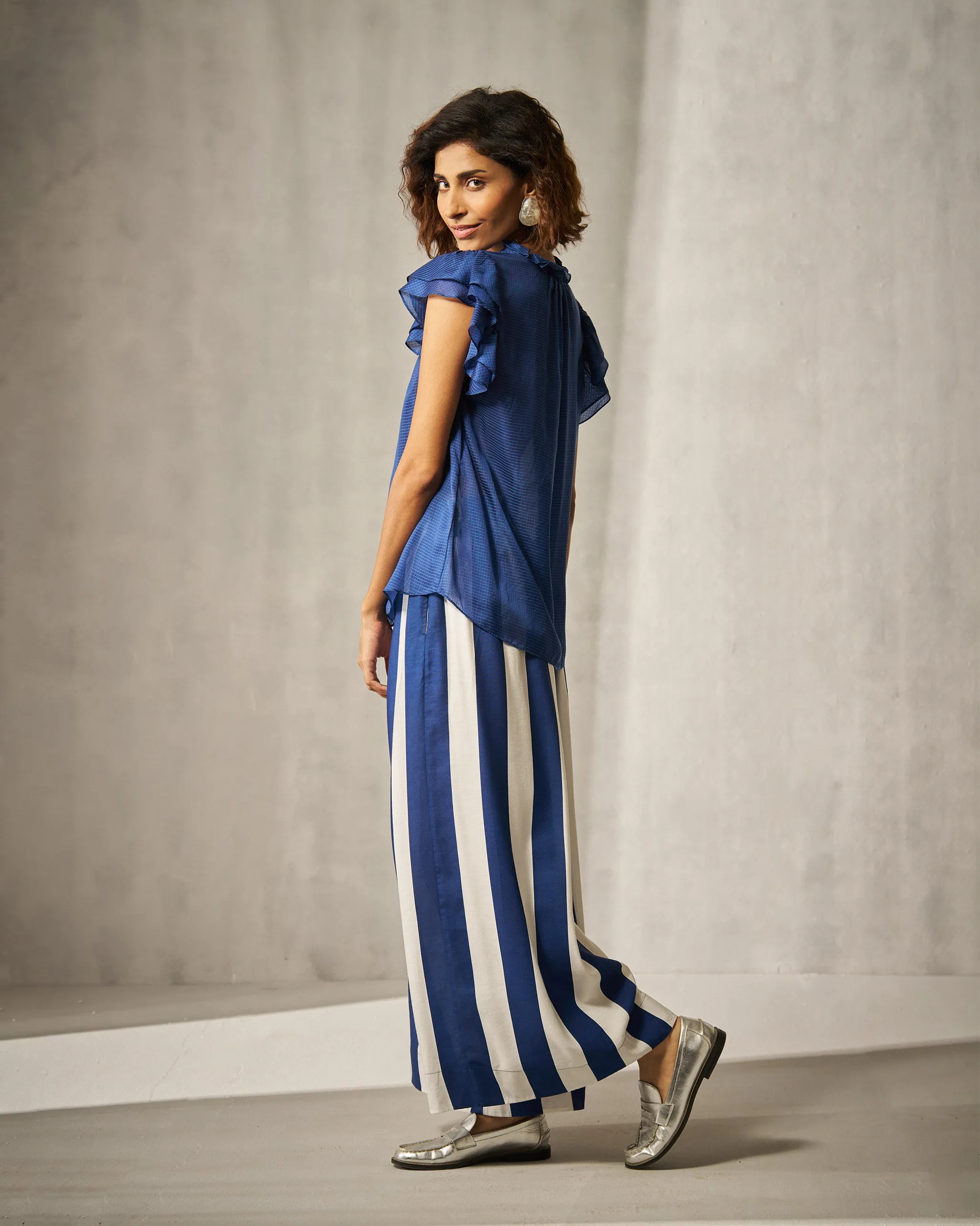 Paperbag Waist Pants - Navy & Ivory Print