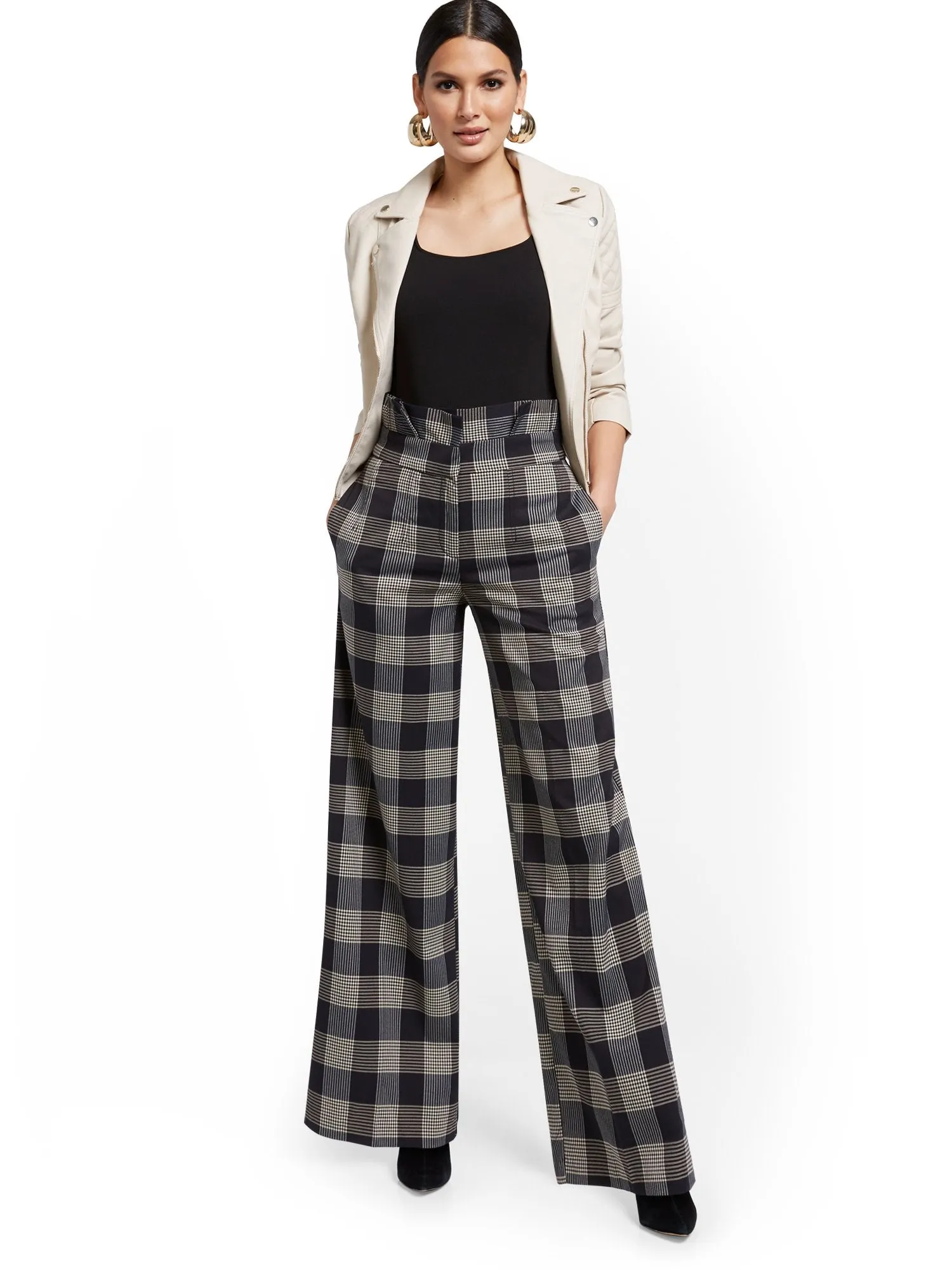 Petite Plaid Paperbag-Waist Wide-Leg Pant