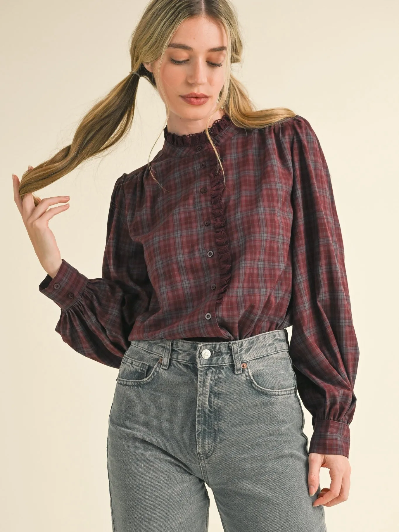 Plaid Lace Trim Button Down Top