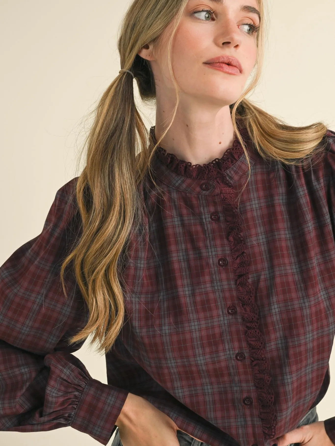 Plaid Lace Trim Button Down Top