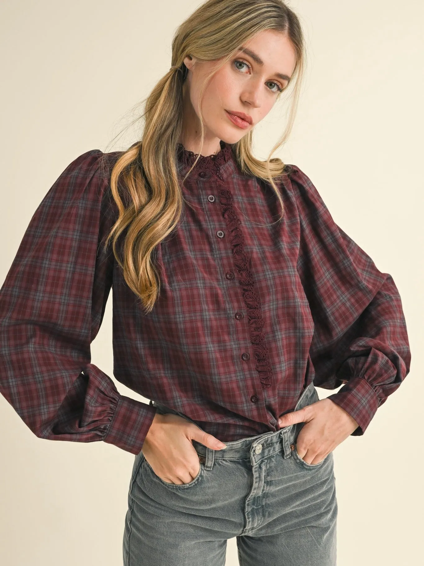 Plaid Lace Trim Button Down Top