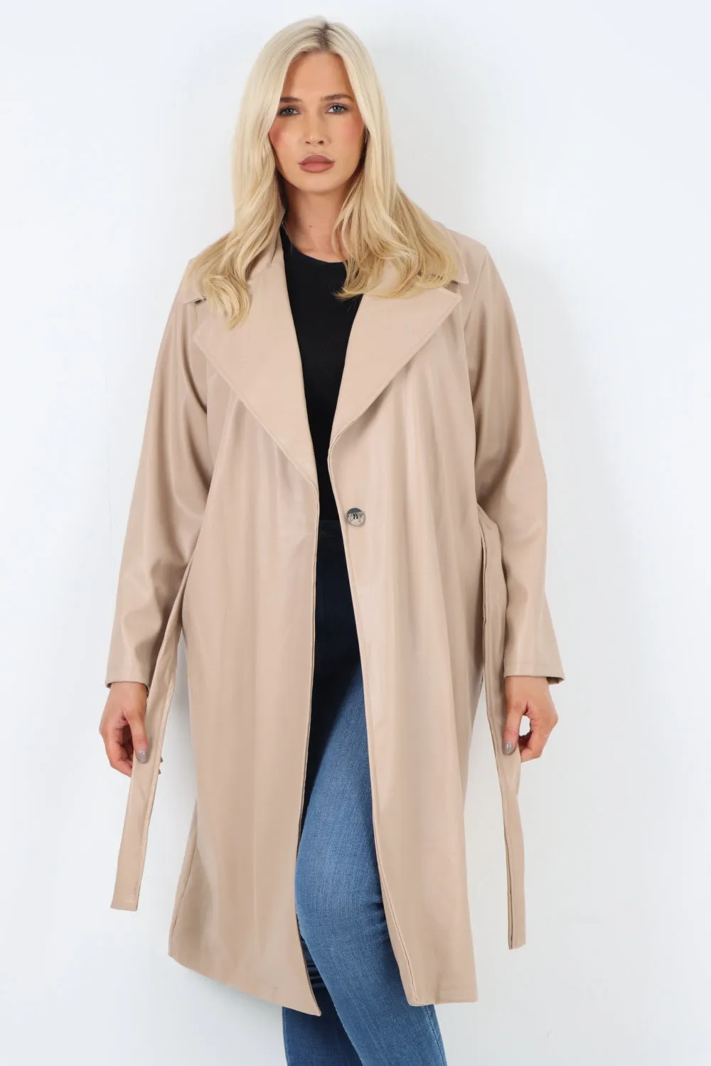 PU Faux Leather Longline Waterfall Coat