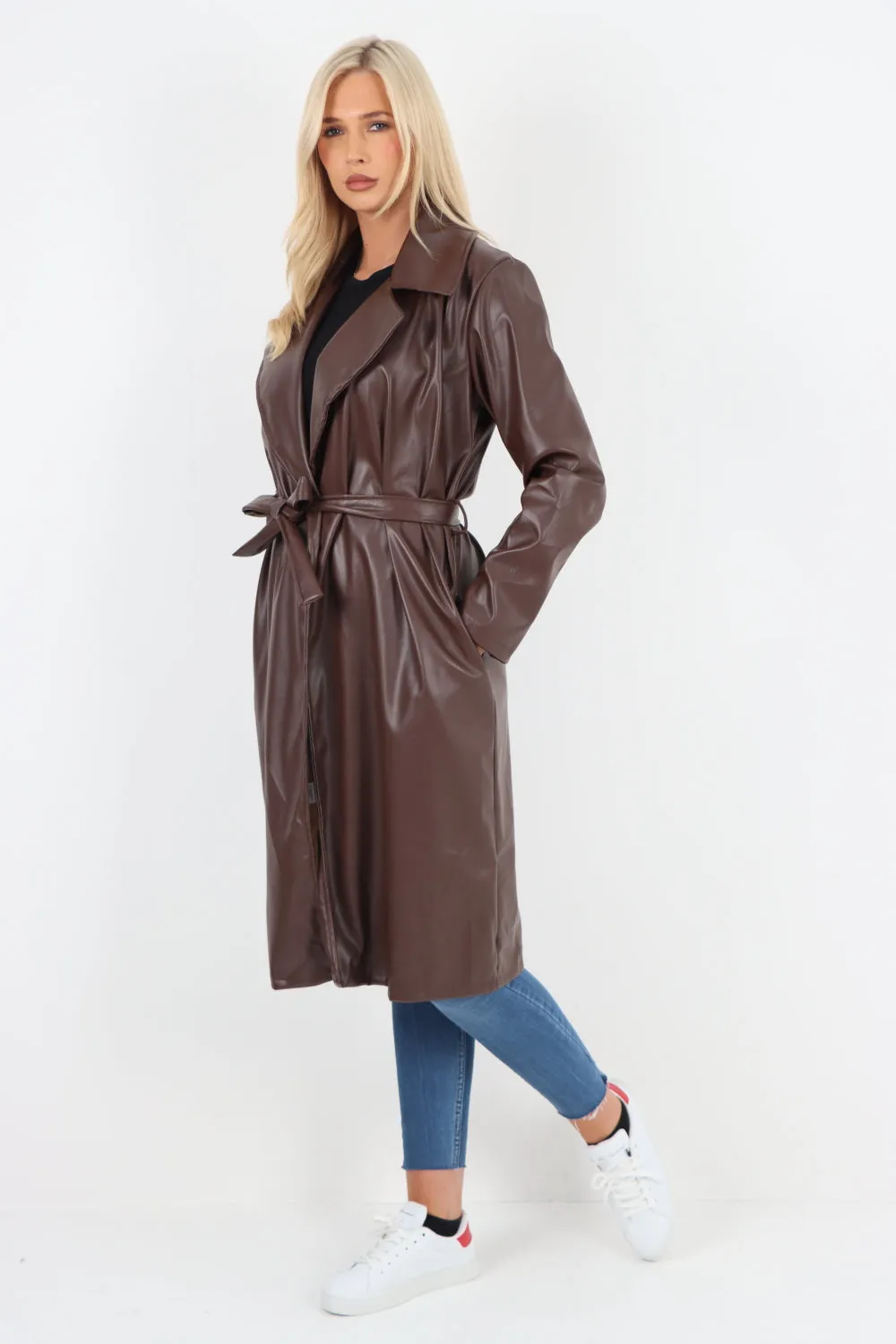 PU Faux Leather Longline Waterfall Coat