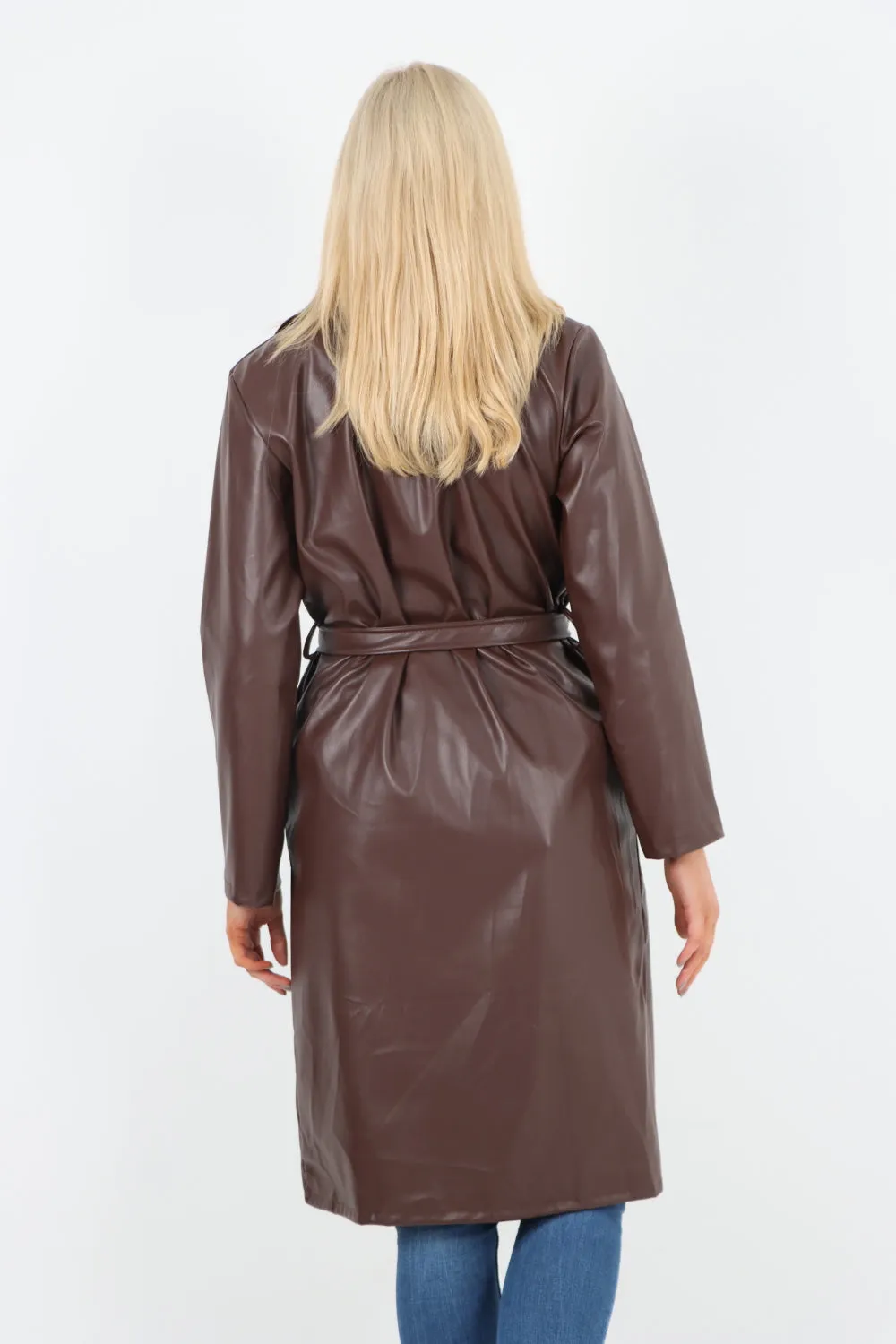 PU Faux Leather Longline Waterfall Coat