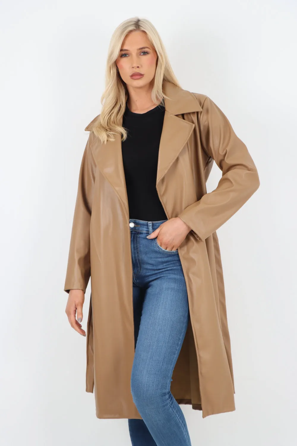 PU Faux Leather Longline Waterfall Coat