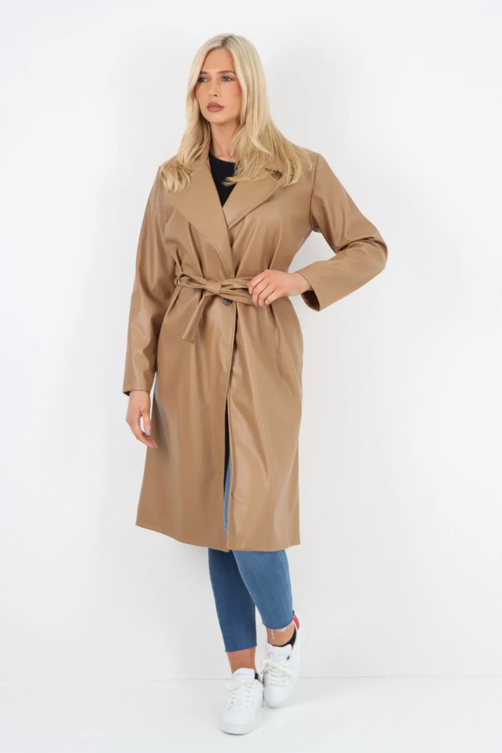 PU Faux Leather Longline Waterfall Coat