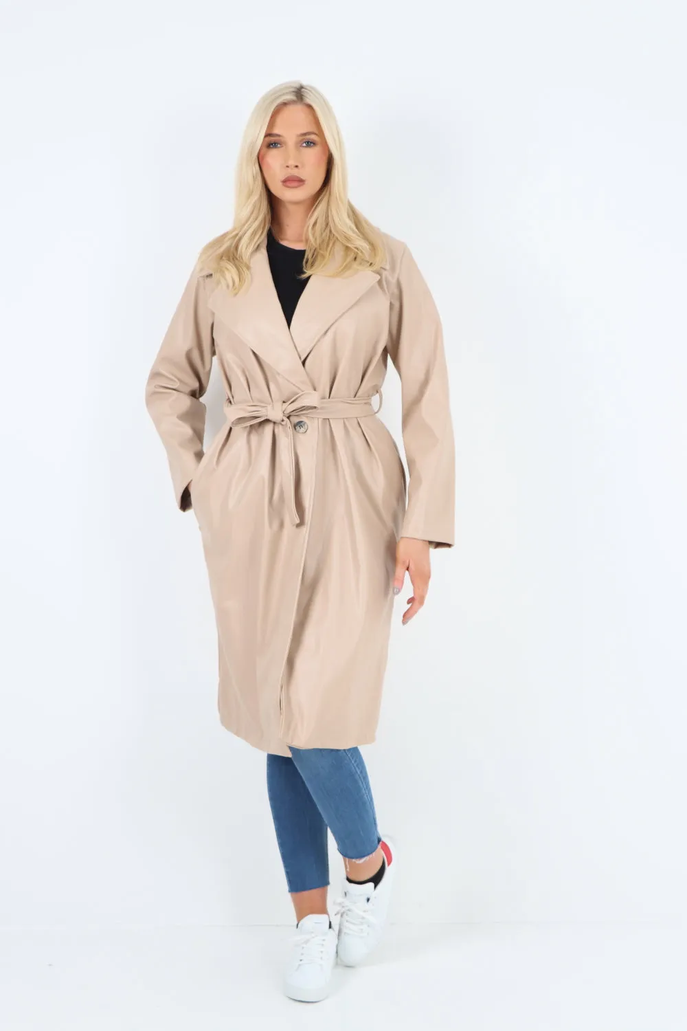 PU Faux Leather Longline Waterfall Coat