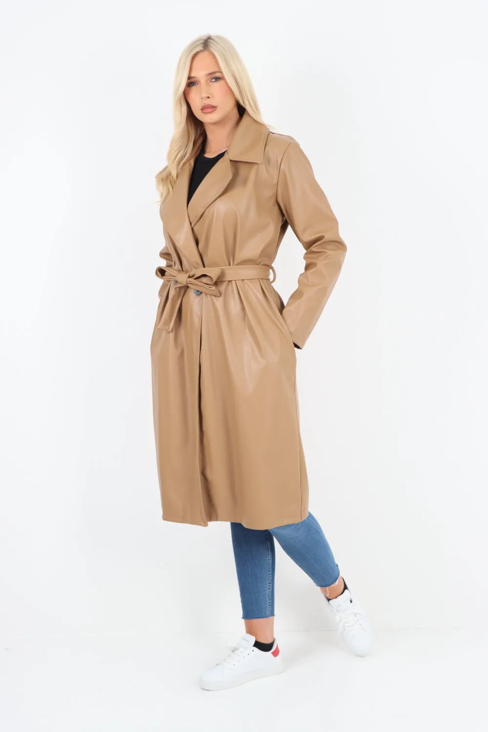 PU Faux Leather Longline Waterfall Coat