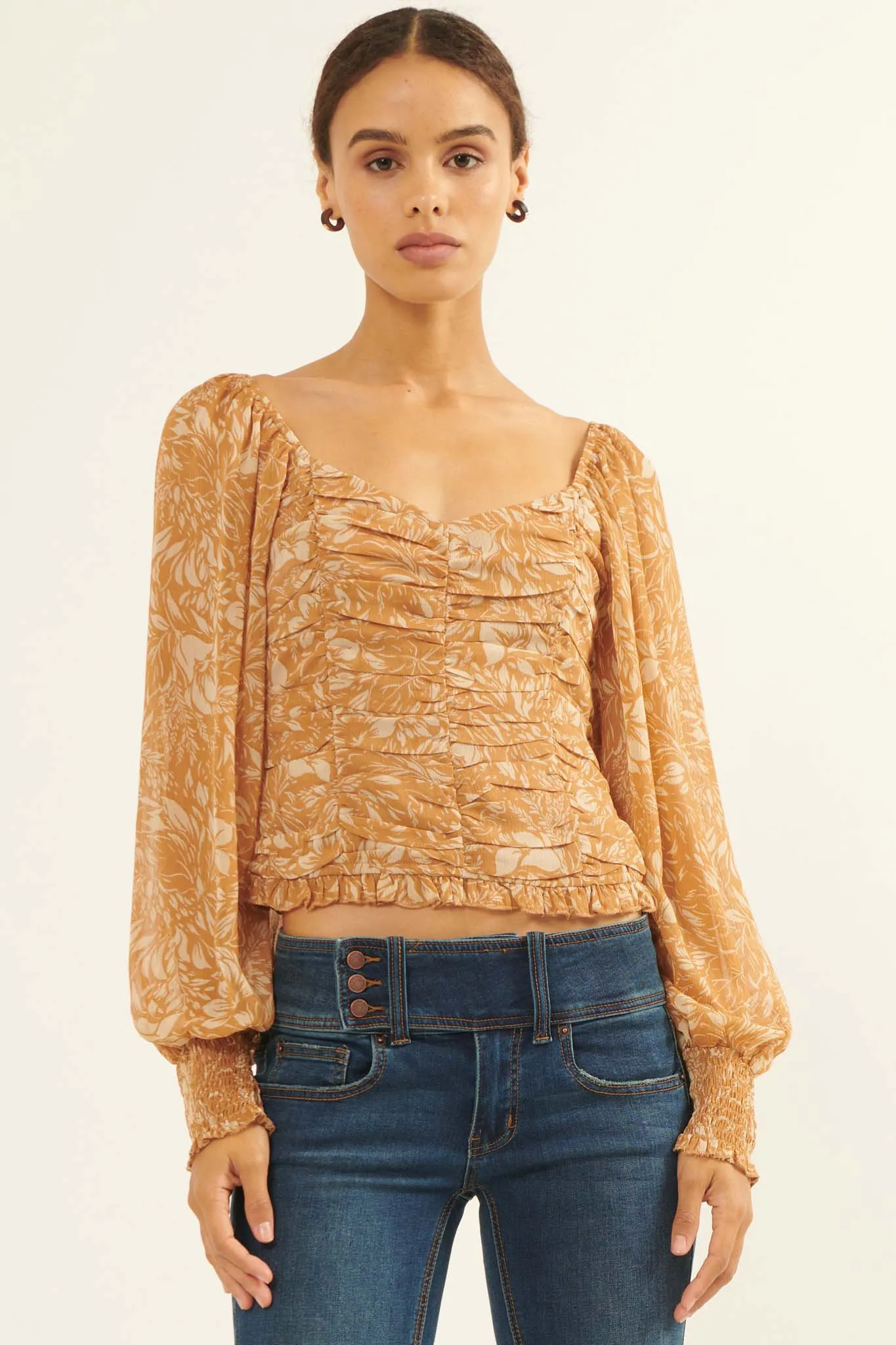 Pure Paradise Ruched Floral Chiffon Peasant Top