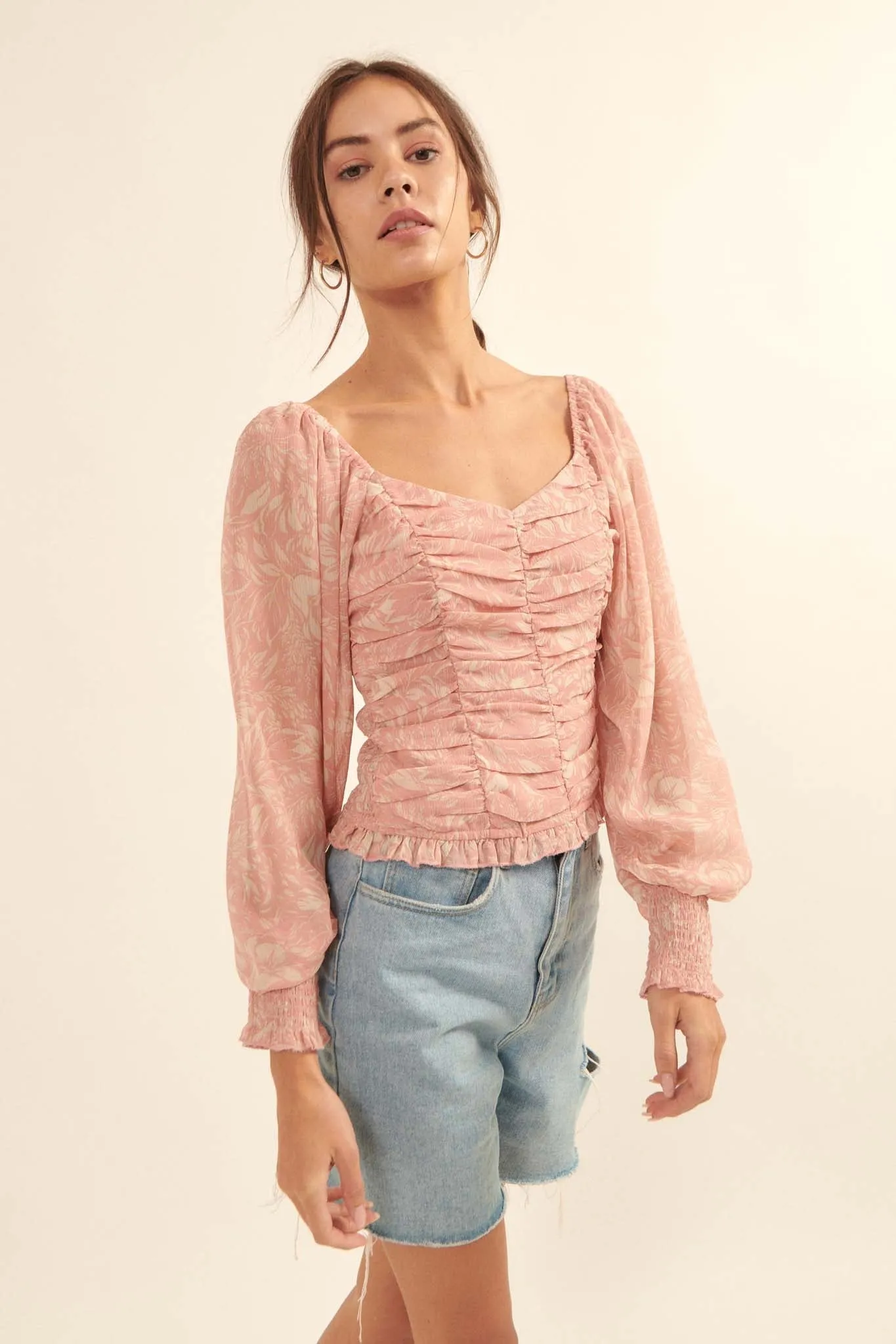 Pure Paradise Ruched Floral Chiffon Peasant Top