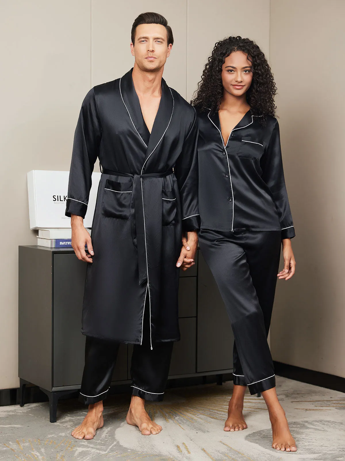 Pure Silk Couple Set - Men's Robe Pants & Women's Pajama Set