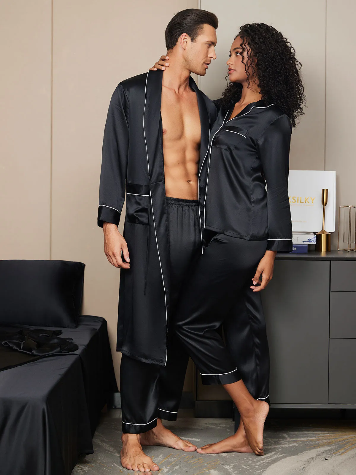 Pure Silk Couple Set - Men's Robe Pants & Women's Pajama Set