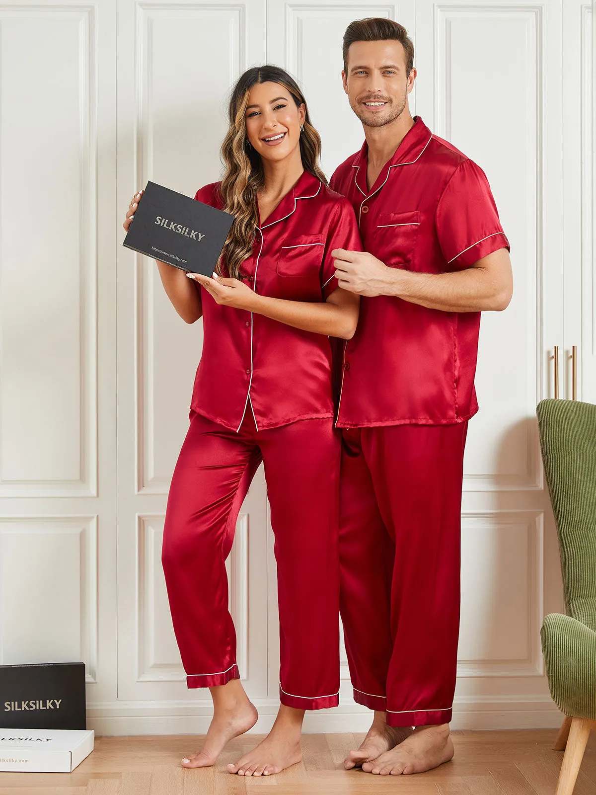 Pure Silk Short Sleeve Couple Pajama Sets Total 4Pcs