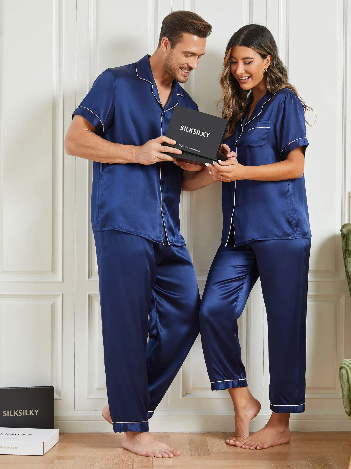 Pure Silk Short Sleeve Couple Pajama Sets Total 4Pcs