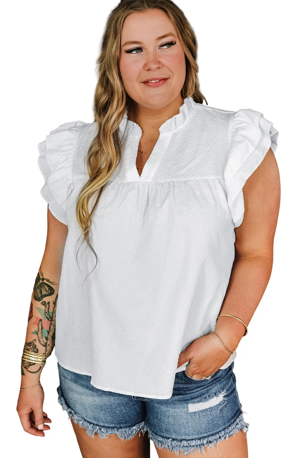 Ruffled White Flutter Sleeve Plus Size Blouse