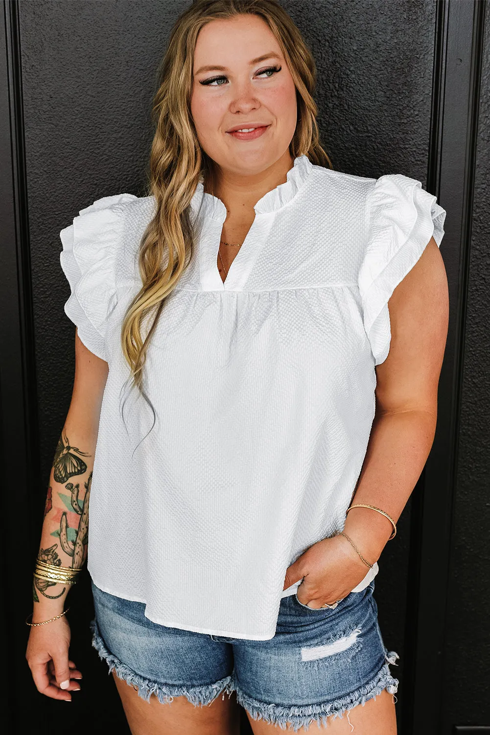 Ruffled White Flutter Sleeve Plus Size Blouse