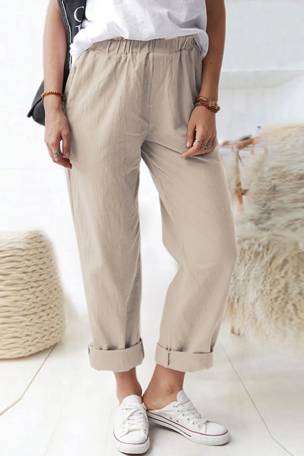 Shiny Paperbag Waist Pull-On Pants with Pockets