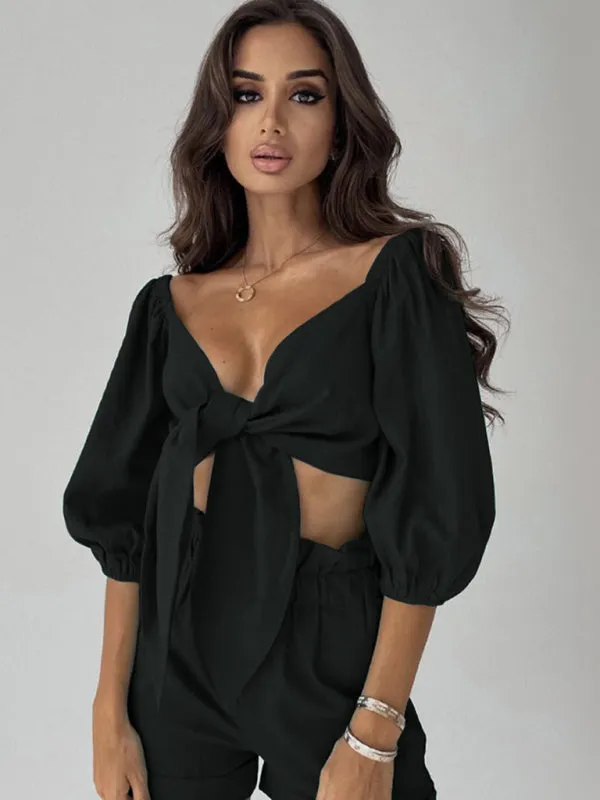 Vacation Crop Tie Blouse & High-Rise Shorts 2-Piece Set