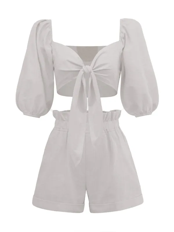 Vacation Crop Tie Blouse & High-Rise Shorts 2-Piece Set