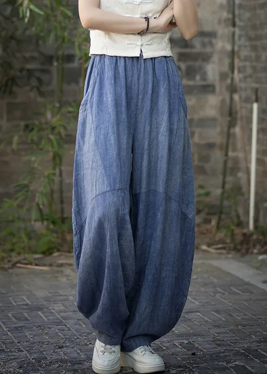 Vintage Blue Pockets High Waist Linen Summer Pants QE021