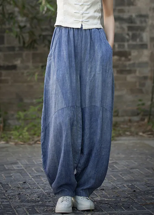 Vintage Blue Pockets High Waist Linen Summer Pants QE021