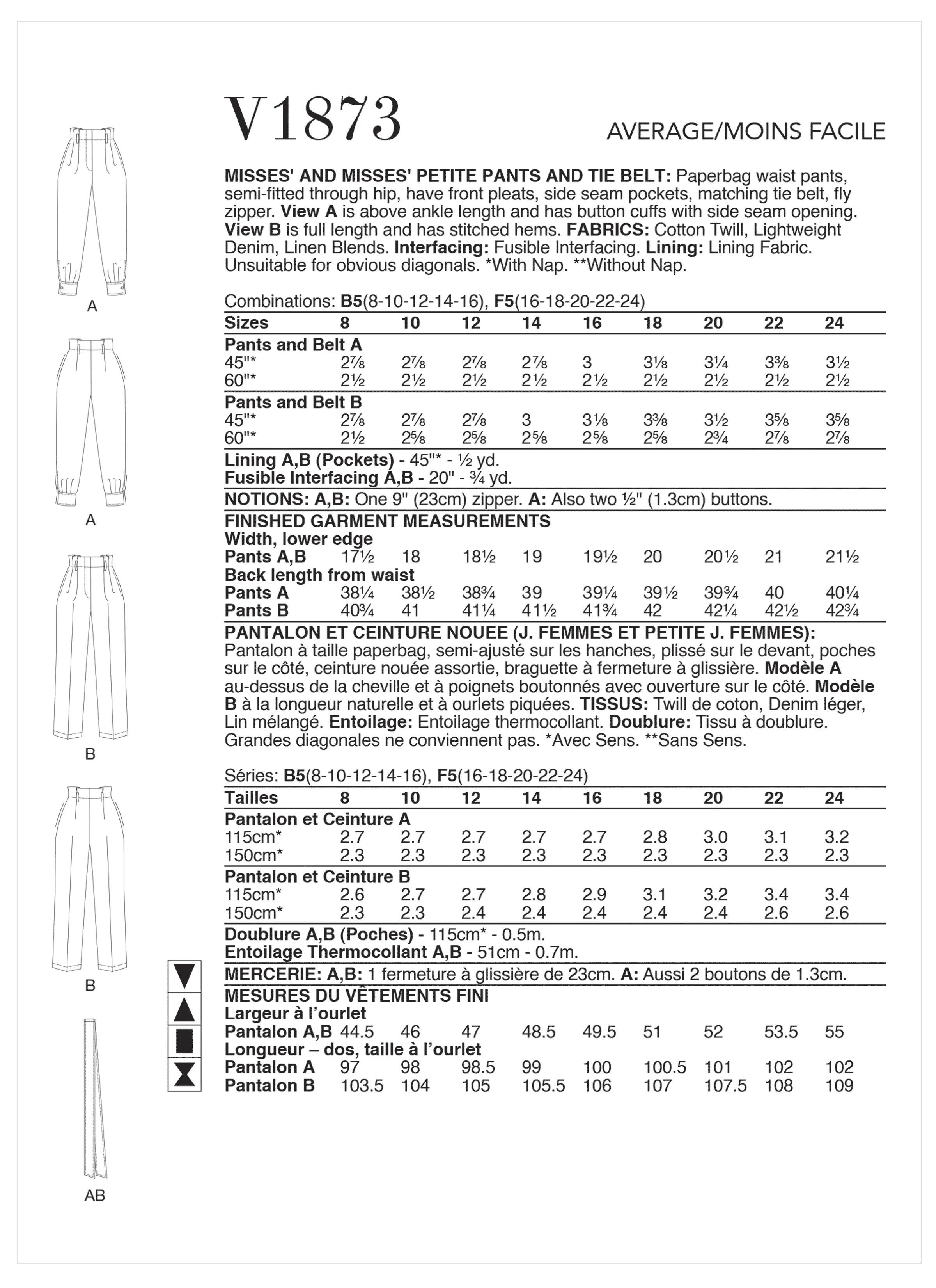 Vogue Pattern V1873 Miss/Petite Pant & Belt