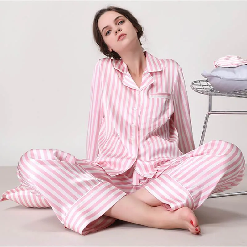 Women's 100% Silk Pajama  Black and White Striped Silk Pajamas  Sleepwear Sets