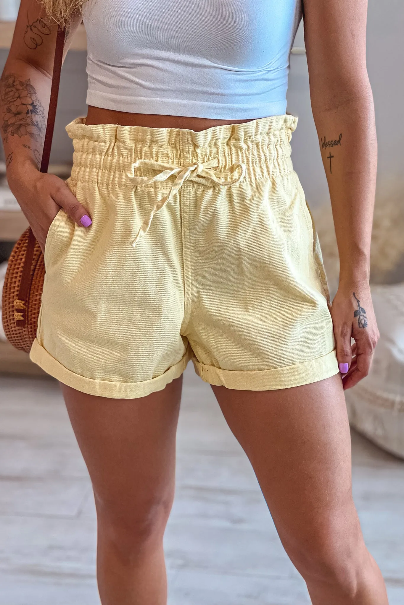 Yellow Denim Paper Bag Shorts